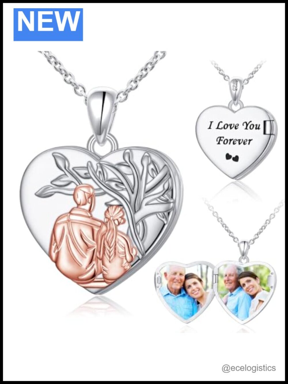 S925 Sterling Silver Father Daughter Heart Locket Necklace Rolo Chain